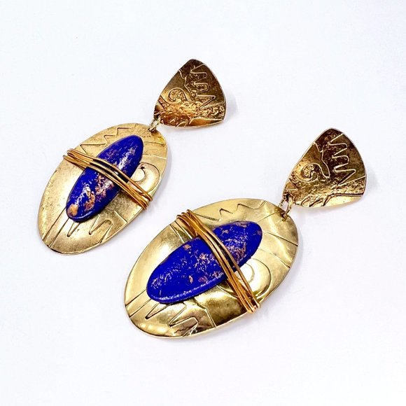 NWOT - Lapis Inspired Large Oval Metal Wrapped Gold Tone Post Earrings - Picture 1 of 7